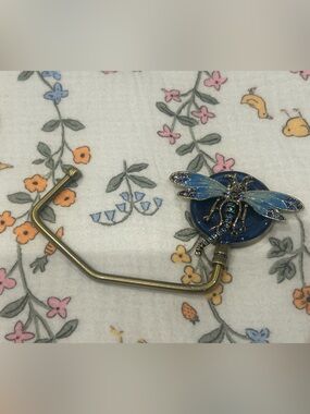Vintage Dragonfly Purse Hanger Holder Blue Enamel Rhinestones Gold Tone